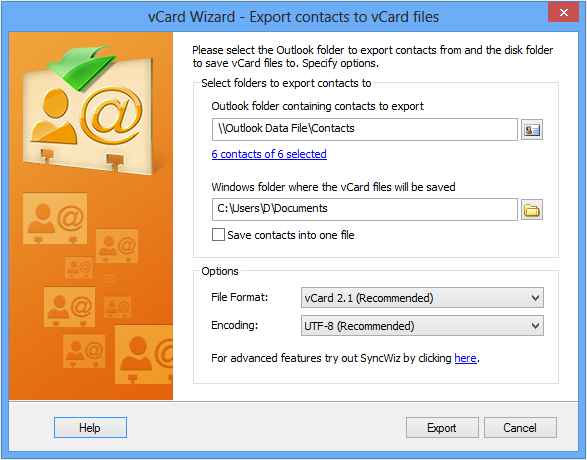 Exporting contacts in vCard format
