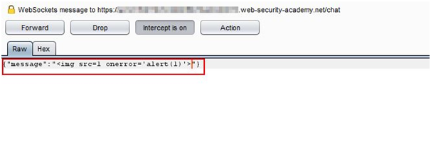 In the intercepted request, enter the payload in the WebSocket message