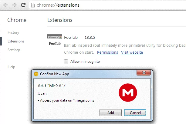 MEGA extension window in browser