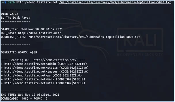 Subdomain enumeration using dirb