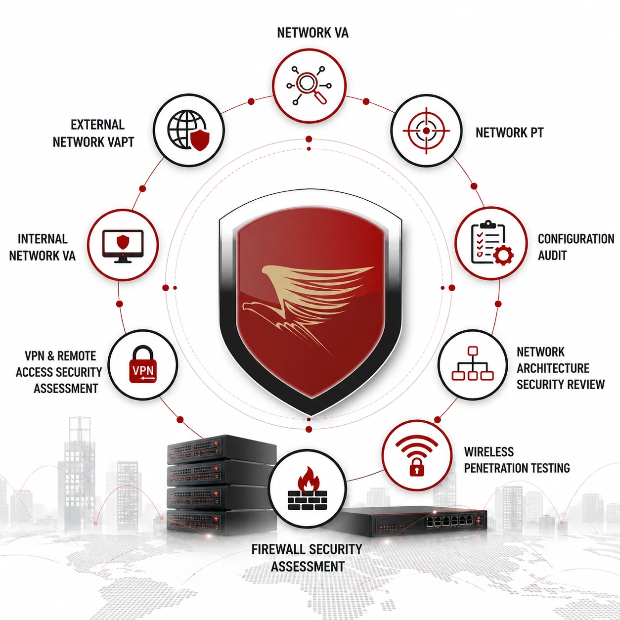 Network Security and Network VAPT Assessment covering Network VA, Network PT, Internal and External Network VAPT, Firewall Security Assessment, Wireless Penetration Testing, VPN Security and Network Architecture Security Review